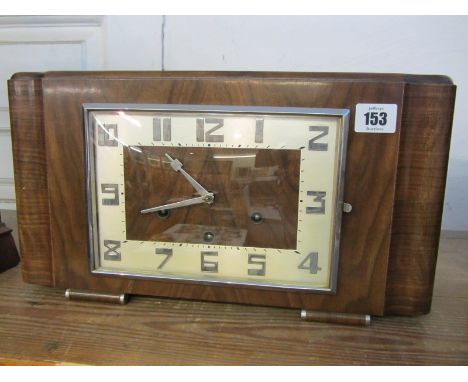 ART DECO MANTEL CLOCK, walnut and chrome mantel clock with bar strike movement by H.A.C. 