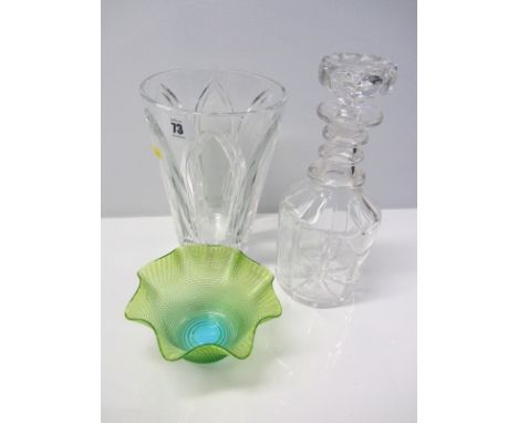 GLASSWARE, Brierley heavy cut glass tapering bodied vase, early Victorian triple banded neck decanter and Edwardian green cri