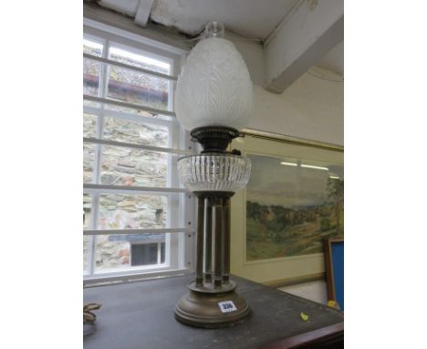 OIL LAMP, Edwardian brass 4 column base oil lamp with cut glass reservoir and frosted moulded shade