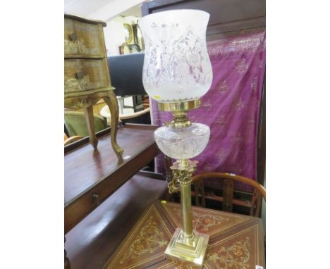 OIL LAMP, brass square column base oil lamp with cut glass reservoir converted to electricity with frosted glass shade