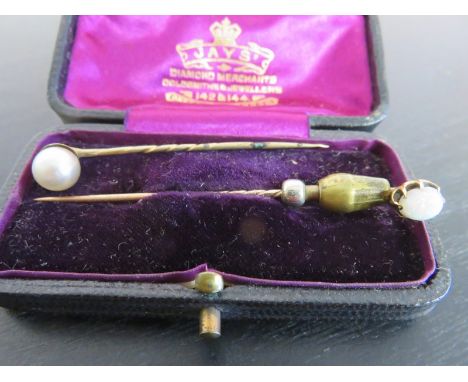 VICTORIAN STICK PINS, 2 Victorian stick pins 1 set opal, other a pearl