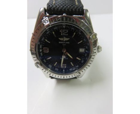 BREITLING WATCH, Breitling gents stainless steel cased black dial automatic wrist watch on leather strap