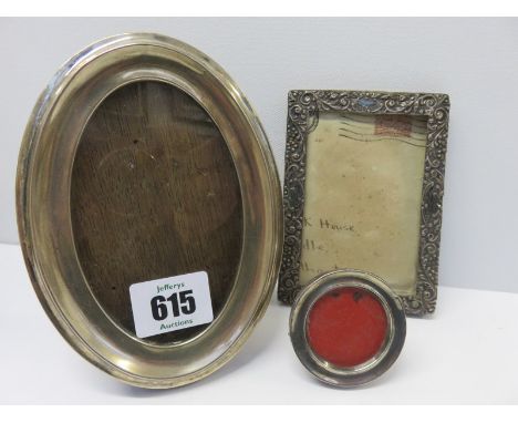 SILVER PHOTO FRAMES, HM silver oval easel photo frame and 2 smaller frames, maker GW