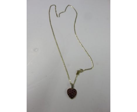 RUBY & DIAMOND PENDANT, heart shaped pendant encrusted rubies with diamond mount on 9ct gold fine link necklace (a/f)