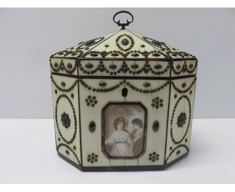 GEORGIAN DESIGN TEA CADDY, ivory and tortoiseshell octagonal twin section tea caddy with bright cut steel studded decoration 