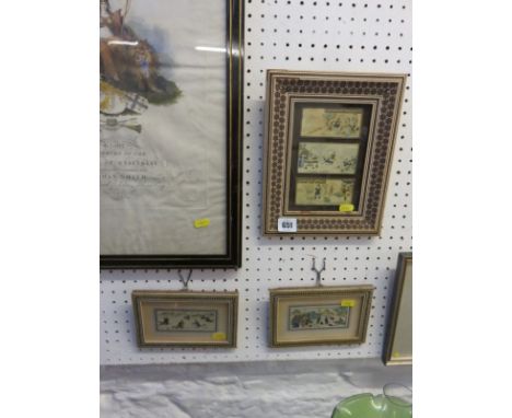 PERSIAN MINIATURES, 5 miniature paintings of hunting and camp life scenes in 3 mosaic frames