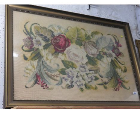VICTORIAN TAPESTRY, a large framed floral needlework tapestry panel, 29" x 42"