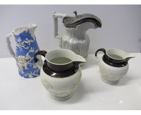VICTORIAN STONEWARE JUGS, collection of 4 jugs including Charles Meigh Gothic window design jug, 2 graduated stoneware huntin