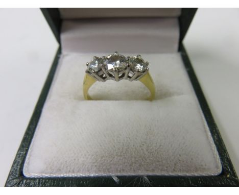 3 STONE DIAMOND RING, quality 18ct yellow gold ring set 3 diamonds totalling 1 ct, size K