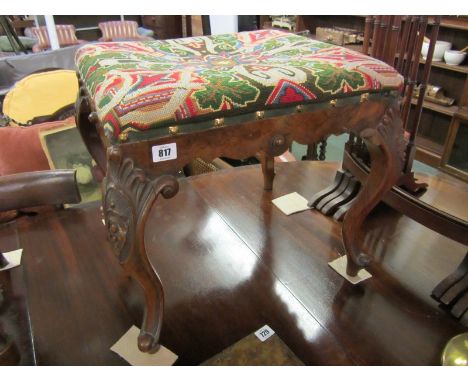VICTORIAN WALNUT DRESSING STOOL carved cabriole legs rectangular stool with Victorian beadwork and tapestry cover