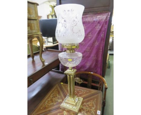 OIL LAMP, brass 4 column support cut glass reservoir, oil lamp converted to electricity with frosted glass shade