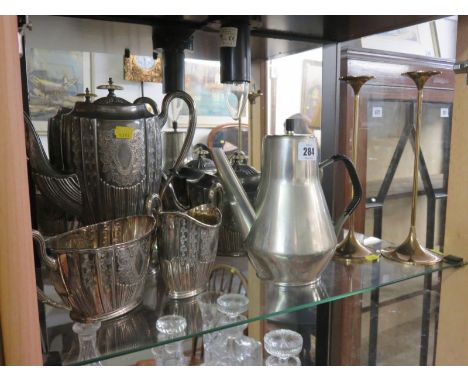RETRO, pair of Danish brass slim column candle sticks by Torben Orskov & Co, also Norwegian pewter retro coffee pot and 4 pie
