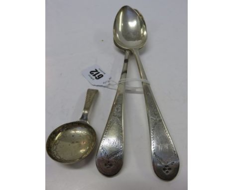 GEORGIAN TEA CADDY SPOON, Birmingham 1797, together with pair of bright cut HM silver table spoons, London 1812