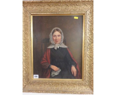 19th CENTURY PORTRAIT, oil on panel "Portrait of Seated Lady in white bonnet", 15" x 12"