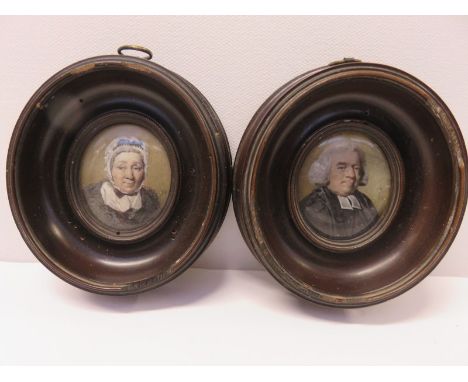 PORTRAIT MINIATURES, a pair of portrait miniatures of husband & wife on card in 18th Century dress, 4cm diameter