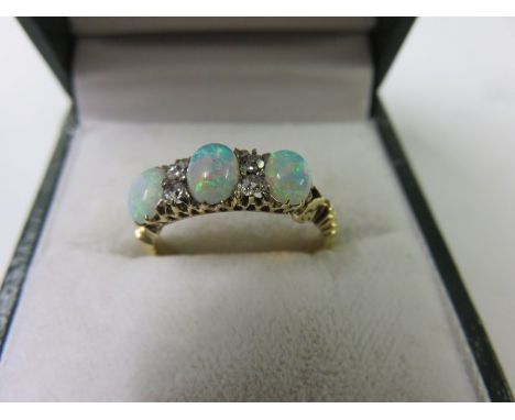 ANTIQUE OPAL & DIAMOND RING, antique 18ct yellow gold ring set 3 oval opals interspersed  by 4 diamonds, size K