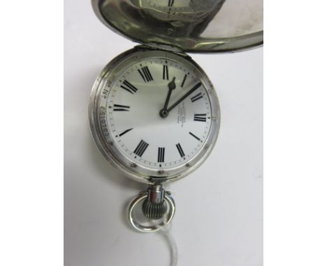 HUNTER POCKET WATCH, silver Omega cased Hunter pocket watch supplied by Cufflins of Norwood, with white enamel dial and Roman