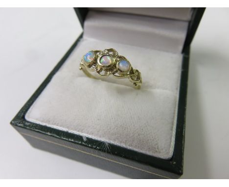 OPAL RING, 9ct yellow gold 3 stone opal ring, size M