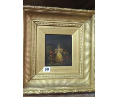 S RAVEN, oil on board "Portrait of Lady in an interior with Butler and a Lady in Waiting", 6" x 5"