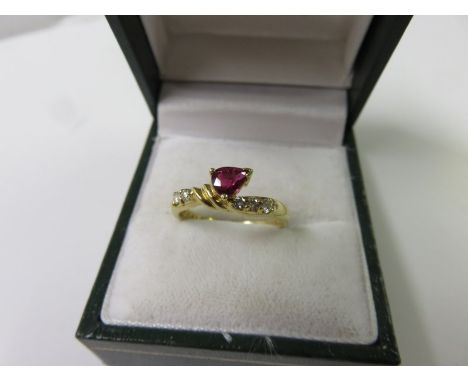 RUBY & DIAMOND RING, 18ct yellow gold ring set a central ruby with diamond shoulders, size L