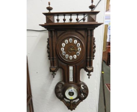 EDWARDIAN CLOCK BAROMETER, ornate oak surround European clock and aneroid barometer 