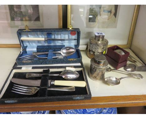 SILVER TEA CADDY, also Christening sets, 2 silver tea spoons and other cutlery and silver serviette ring