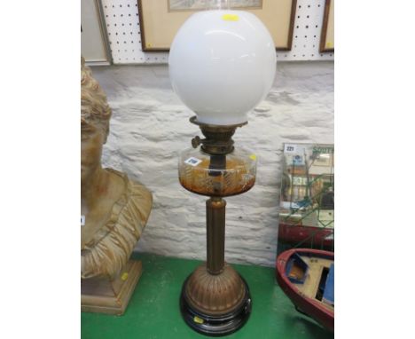 EDWARDIAN OIL LAMP, cut glass reservoir, brass column base oil lamp with milk glass spherical shade