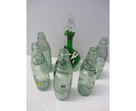 CODD BOTTLES, collection of 5 assorted Codd bottles including Harstonn & Co, together with painted emerald glass ewer decante