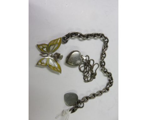SILVER JEWELLERY, silver and enamel butterfly pendant, heart shaped pendant on fine link chain, together with bracelet