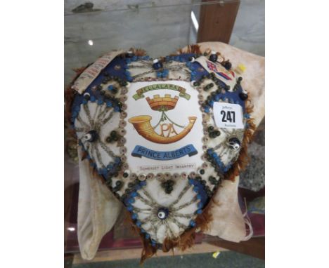 WWI, an embroidered beadwork heart shaped pin cushion "Somerset Light Infantry"