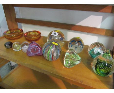 PAPERWEIGHTS, 2 amber glass Whitefriars ashtrays together with 10 assorted modern glass paperweights including Caithness "Cel