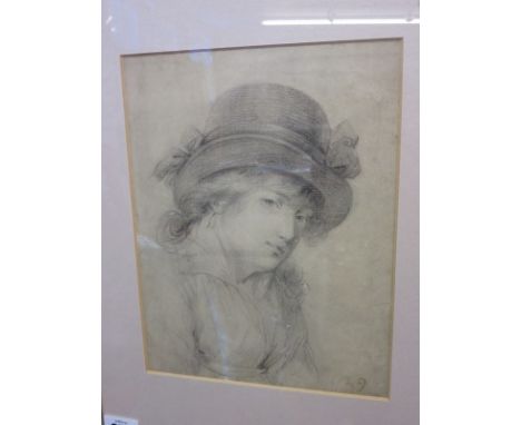GEORGIAN PORTRAIT, pencil drawing "Girl in a Straw Hat", 9" x 7"