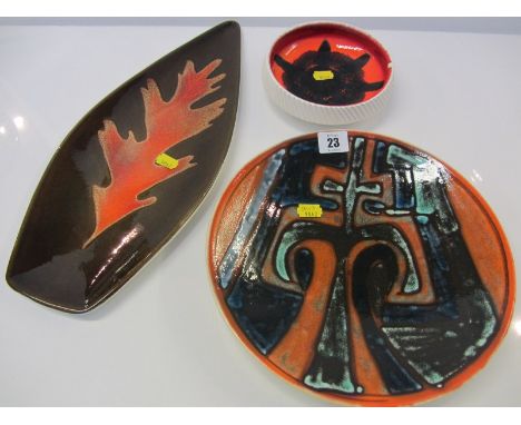 POOLE AEGEAN DESIGN, orange ground shallow 10.5" bowl (hairline crack) also Delphis small bowl and Aegean leaf design serving
