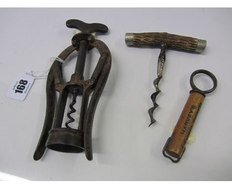 CORKSCREWS, James Heeley patent double lever corkscrew; also antler handled corkscrew and Harvey's sherries advert corkscrew 