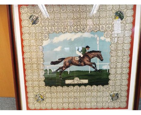 A silk scarf commemorating the winners of the Epsom Derby from the inaugural 1780 race up to 1965, mounted and framed under g