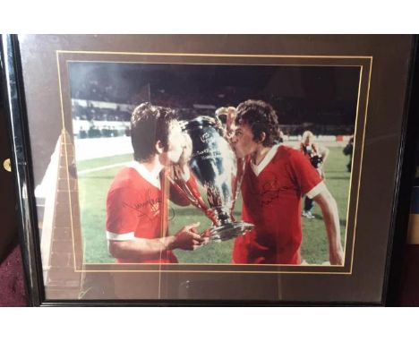 Signed Liverpool FC Football Photograph. Large colour photograph mounted, glazed and framed of Jimmy Case and Phil Neal holdi