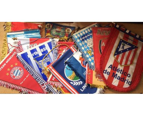 Football Pennants. Eighteen medium to large size pennants collected by a Liverpool FC supporter on European away days, modern