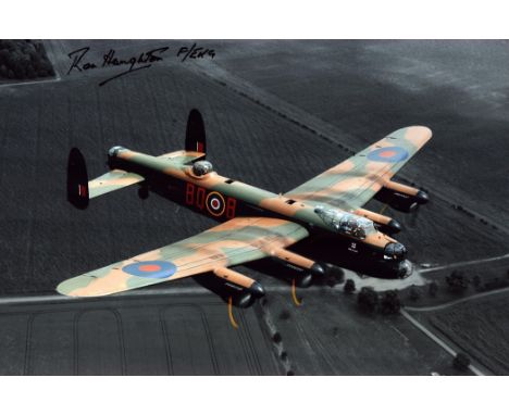 WW2 Ron Houghton DFC 49 sqn bomber command signed stunning 12 x 8 inch colour Lancaster in flight photo. Ron was a Pilot Offi