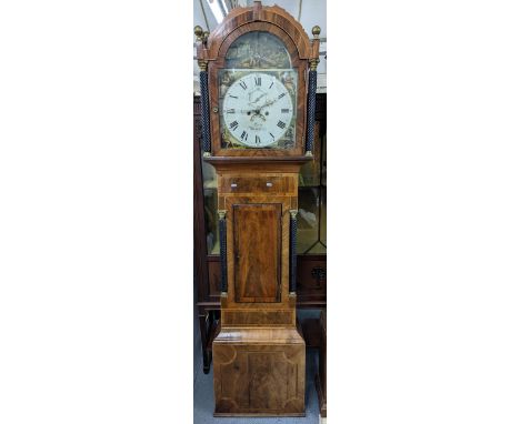 A George III mahogany 8-day longcase clock having an arched top painted dial flanked by Corinthian columns 210cm h x 51.5cm w