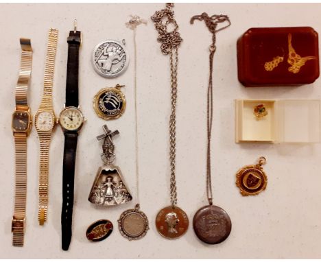 A Dutch white metal caddy spoon with windmill design, 3 ladies watches to include Perfex and Timex together with a 1920's six