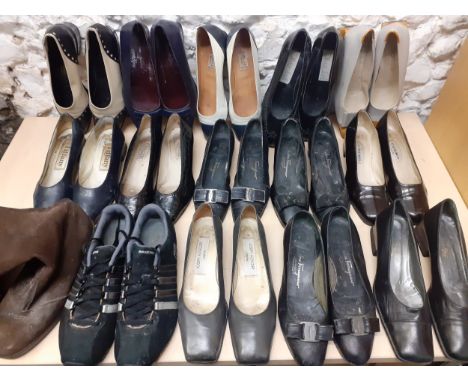 A quantity of vintage ladies shoes A/F to include Celine, Salvatore Ferragamo, Bally, Tiffany, Georgio bRossi, Sketchers, Oli