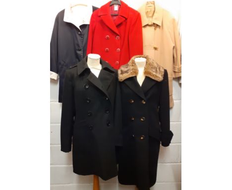 A quantity of ladies coats to include a black M&amp;S 8 buttoned coat and a black Artigiano wool and cashmere mix knee length