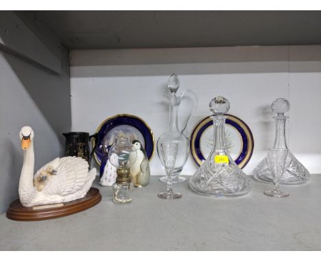 Mixed glass and ceramics to include a Royal Crown Derby Penguin paperweight with gold stopper, limited edition resin model of