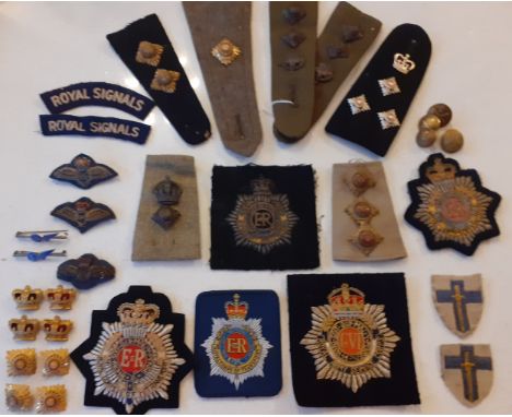 A collection of military and other badges, rank crowns and buttons to include 2xWW2 British RAF Sweetheart Brevette Half Wing