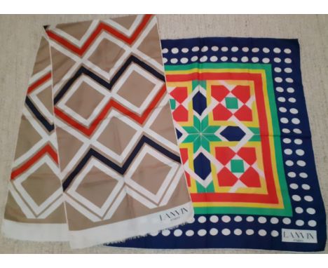 Lanvin-2 silk scarves with the designer's name to the right hand corner together with a Mark Cross silk scarf depicting image
