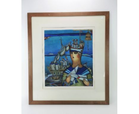 A contemporary surrealist art limited edition serigraph, depicting a maritime themed figural scene with fishermen, pencil num