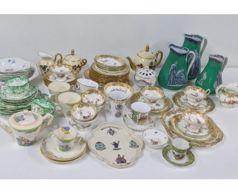 A mixed lot to include three Flaxman Grecian jugs together with Lawleys Regent Street part tea service along with other ceram
