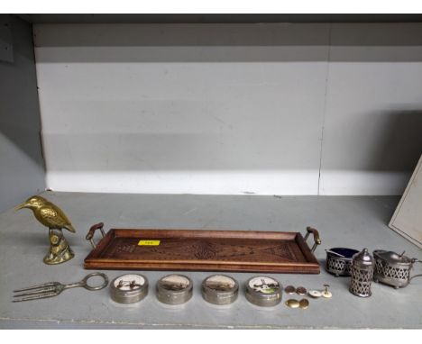 A mixed lot to include four souvenir stud boxes, one containing an 18ct gold cufflink 4.89g, a silver plated three-piece crue