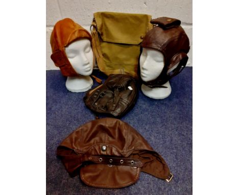 Four vintage soft leather flying helmets to includeCirrus examples and an army canvas bag. Location:1.2 