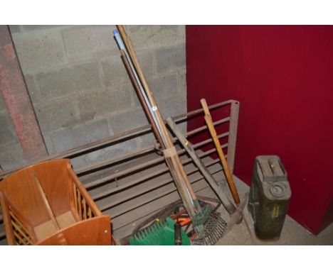 A quantity of gardening tools and a Jerry can 